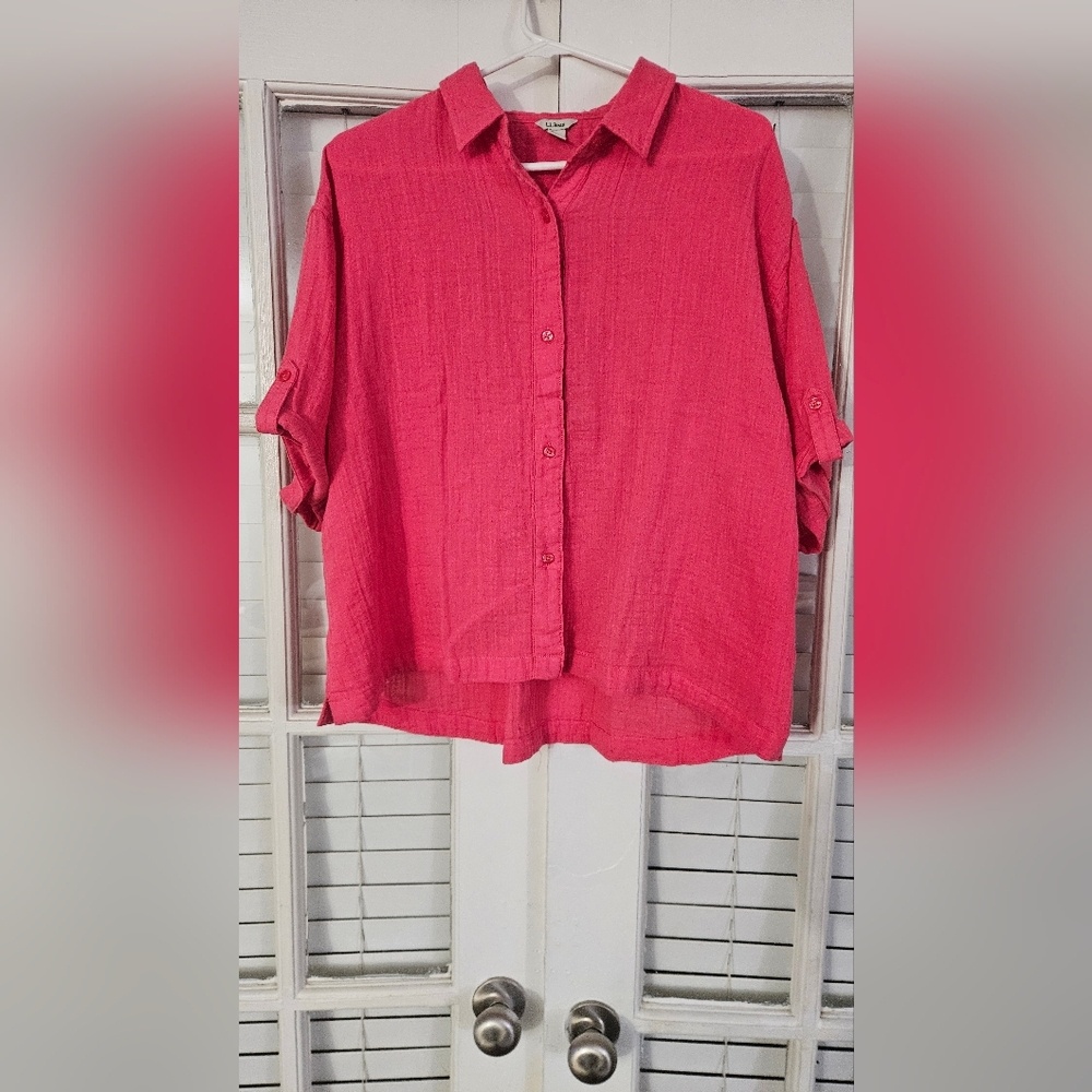 L.L.Bean Gauze Button Front Roll Sleeve Blouse — Pink — Women’s Large